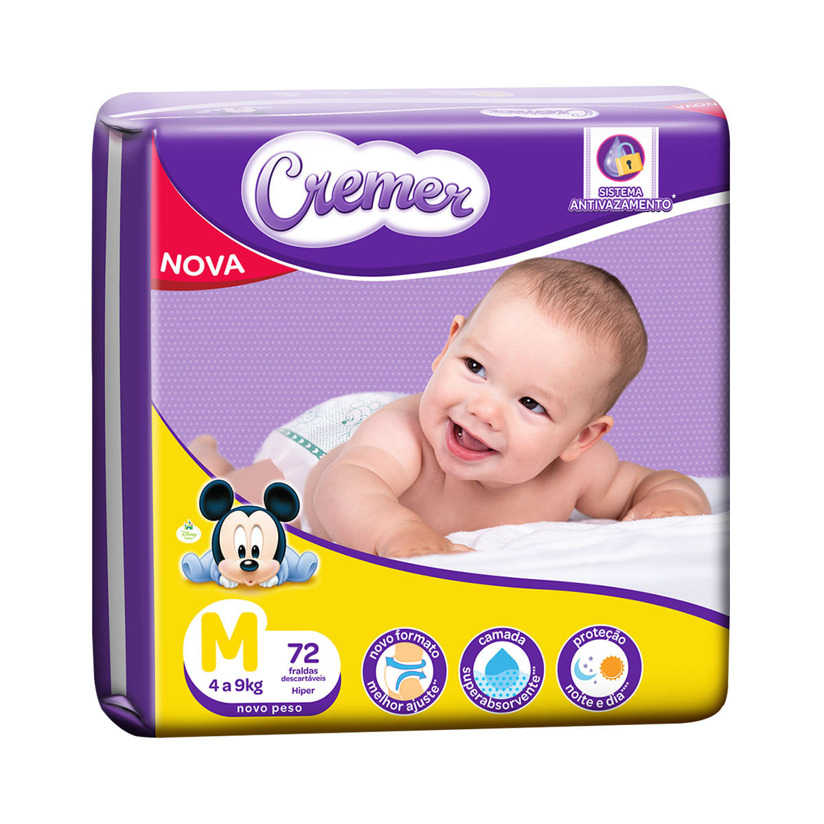 O pacote de Fraldas Cremer da Disney Baby Magic Care Hipereeacute; composto por 72 unidades no tamanho M.