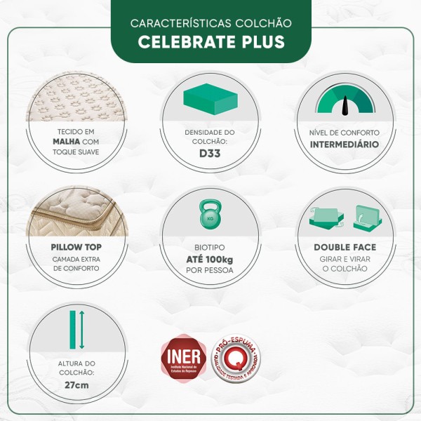 Encontraproduto.com.br - Conjunto Box Solteiro Espuma D33 Minaspuma Celebrate Plus Double Face 88x188x65cm