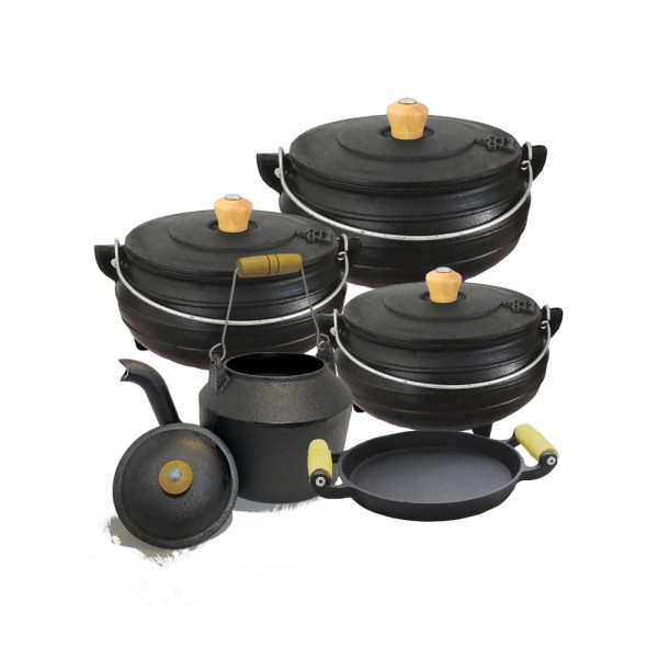Encontraproduto.com.br - Jogo de Panela de Ferro Tripé Com Chaleira e Frigideira N 10