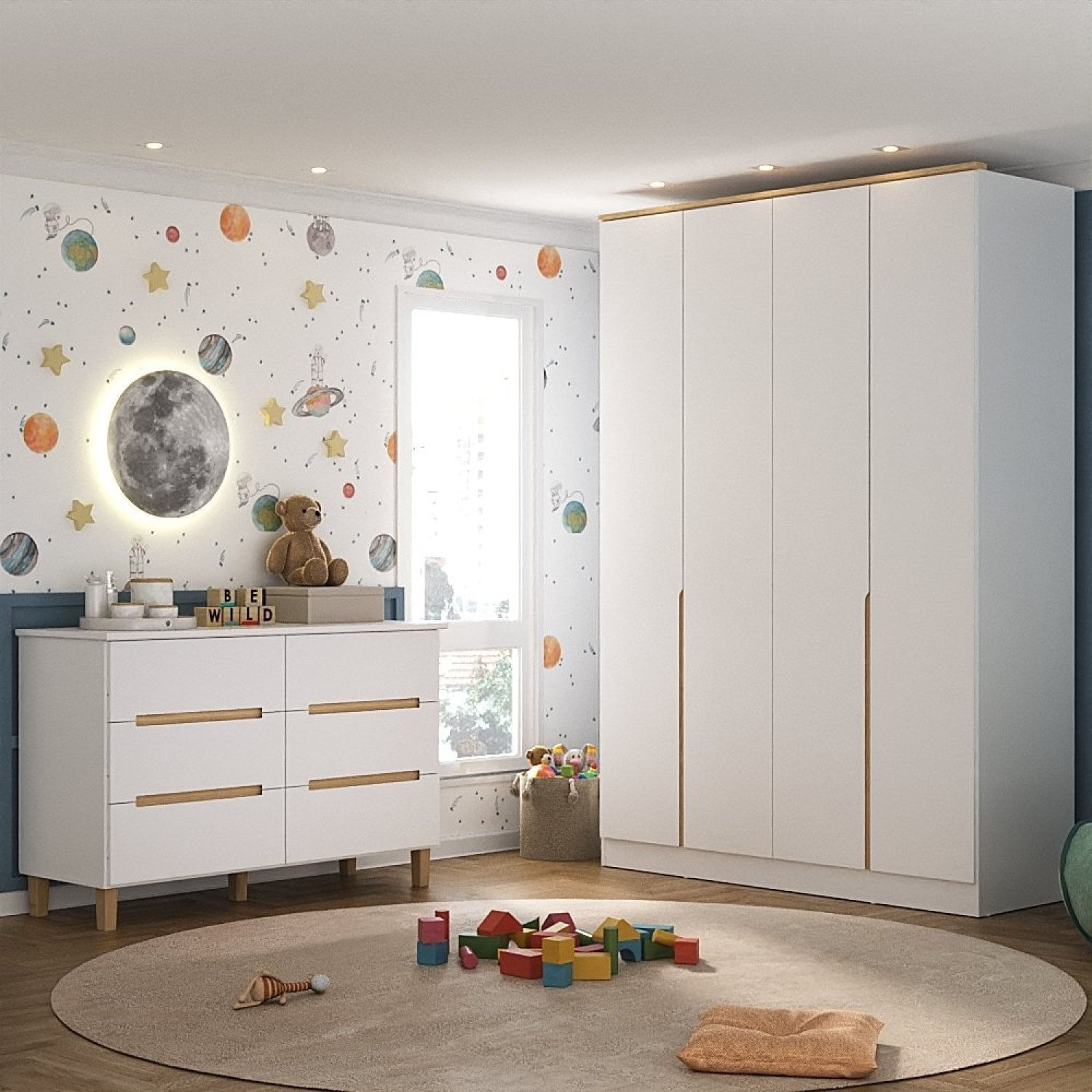 Conjunto Quarto Infantil com Guarda Roupa e Cômoda Sky Branco/Olmo Italiano