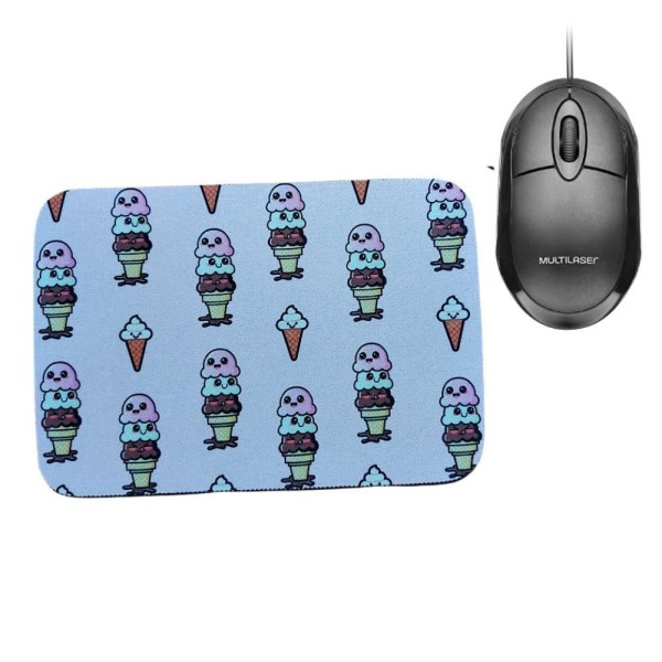 Encontraproduto.com.br - Combo Mouse Multilaser Preto Mo300 + Mouse Pad Sorvete Rosa
