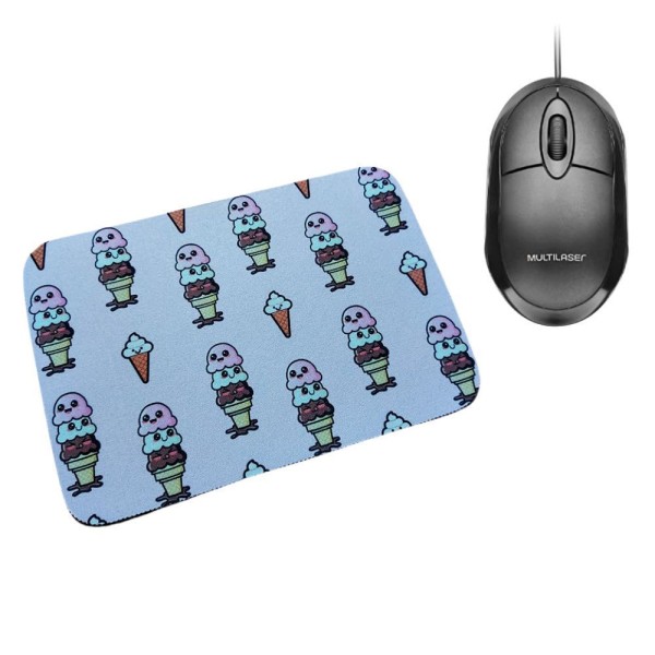 Encontraproduto.com.br - Combo Mouse Multilaser Preto Mo300 + Mouse Pad Sorvete Rosa