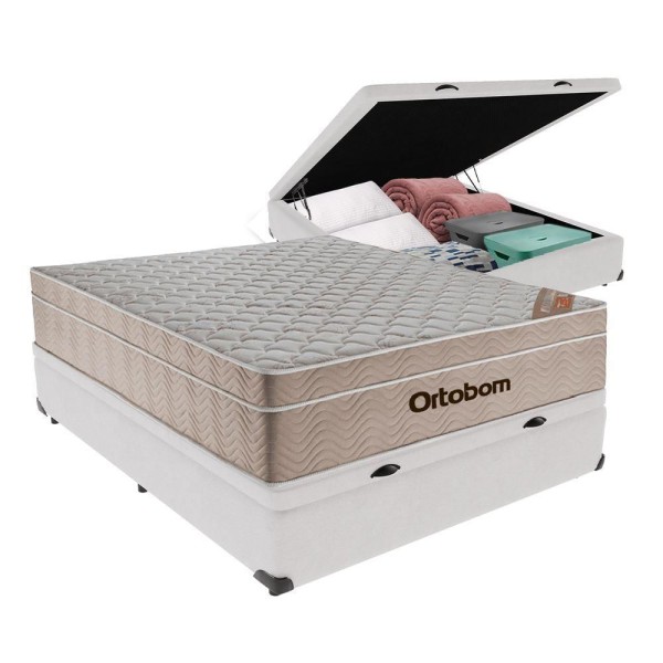 Encontraproduto.com.br - Cama Box Baú Branco E Colchão Airtech Spring Casal Ortobom