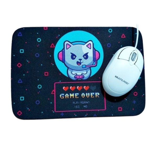 Encontraproduto.com.br - Combo Mouse Multilaser Preto Mo302 + Mouse Pad Gato Mesa