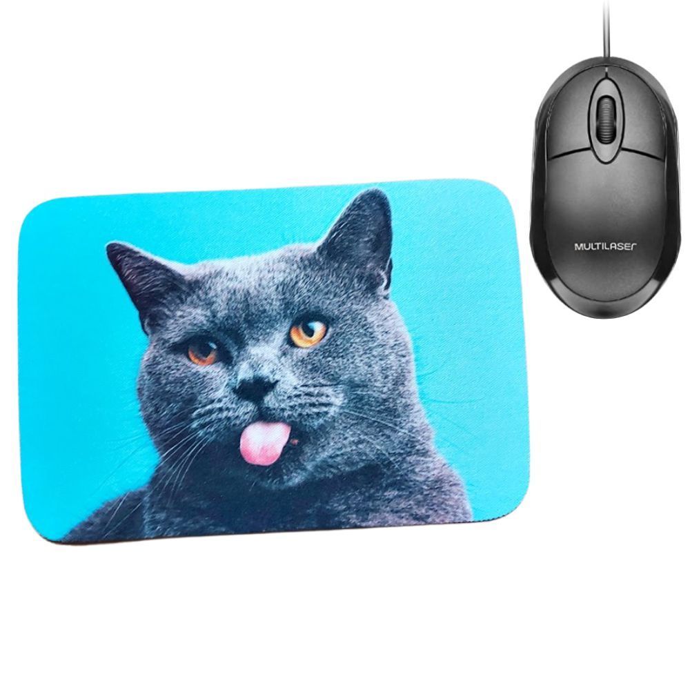 Encontraproduto.com.br - Combo Mouse Multilaser Preto Mo300 + Mouse Pad Funny Cat