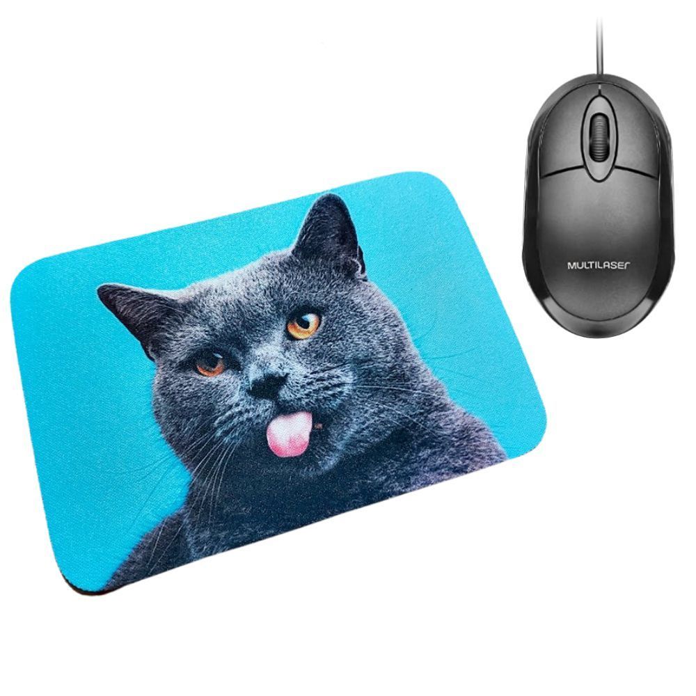 Encontraproduto.com.br - Combo Mouse Multilaser Preto Mo300 + Mouse Pad Funny Cat