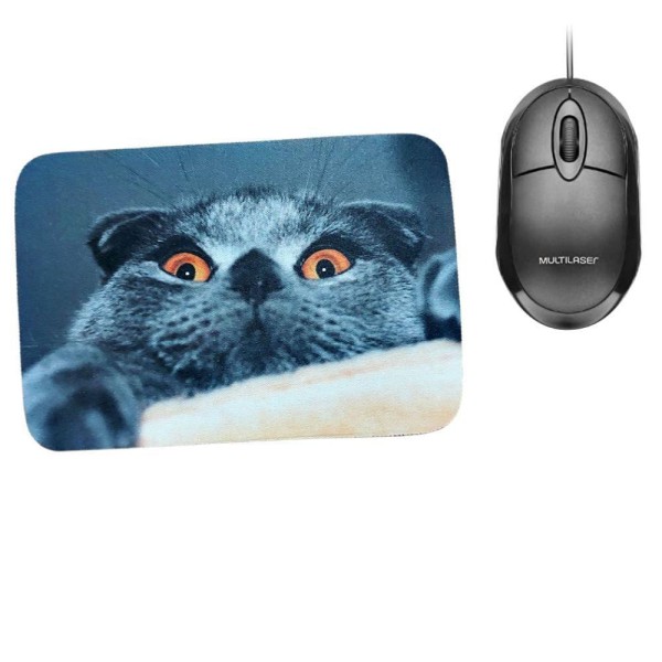 Encontraproduto.com.br - Combo Mouse Multilaser Preto Mo300 + Mouse Pad Gato Mesa