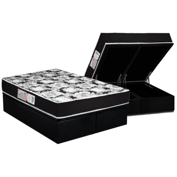 Encontraproduto.com.br - Conjunto Box Baú Queen: Colchão Espuma Luckspuma D33 Supreme Pró Saúde Black + Base Crc Suede Black(158x198)