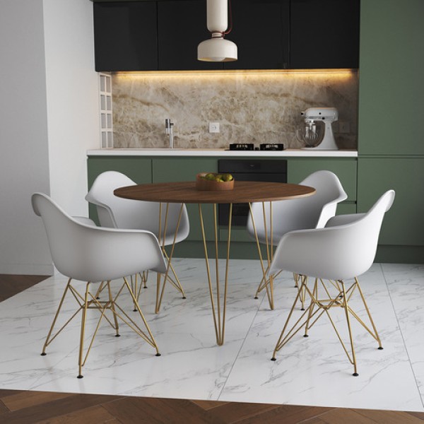 Encontraproduto.com.br - Mesa Jantar Redonda 110Cm Amêndoa Clips 3 Pés Com 4 Poltronas Pretas Base Dourada Marrom