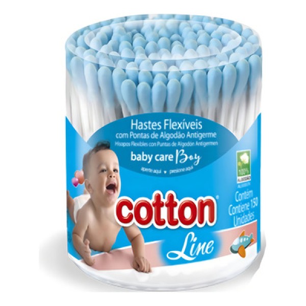Encontraproduto.com.br - Cotonetes Cotton Line Hastes Flexíveis Com Pontas de Algodão Antigerme Baby Care Boy c/150 Unidade