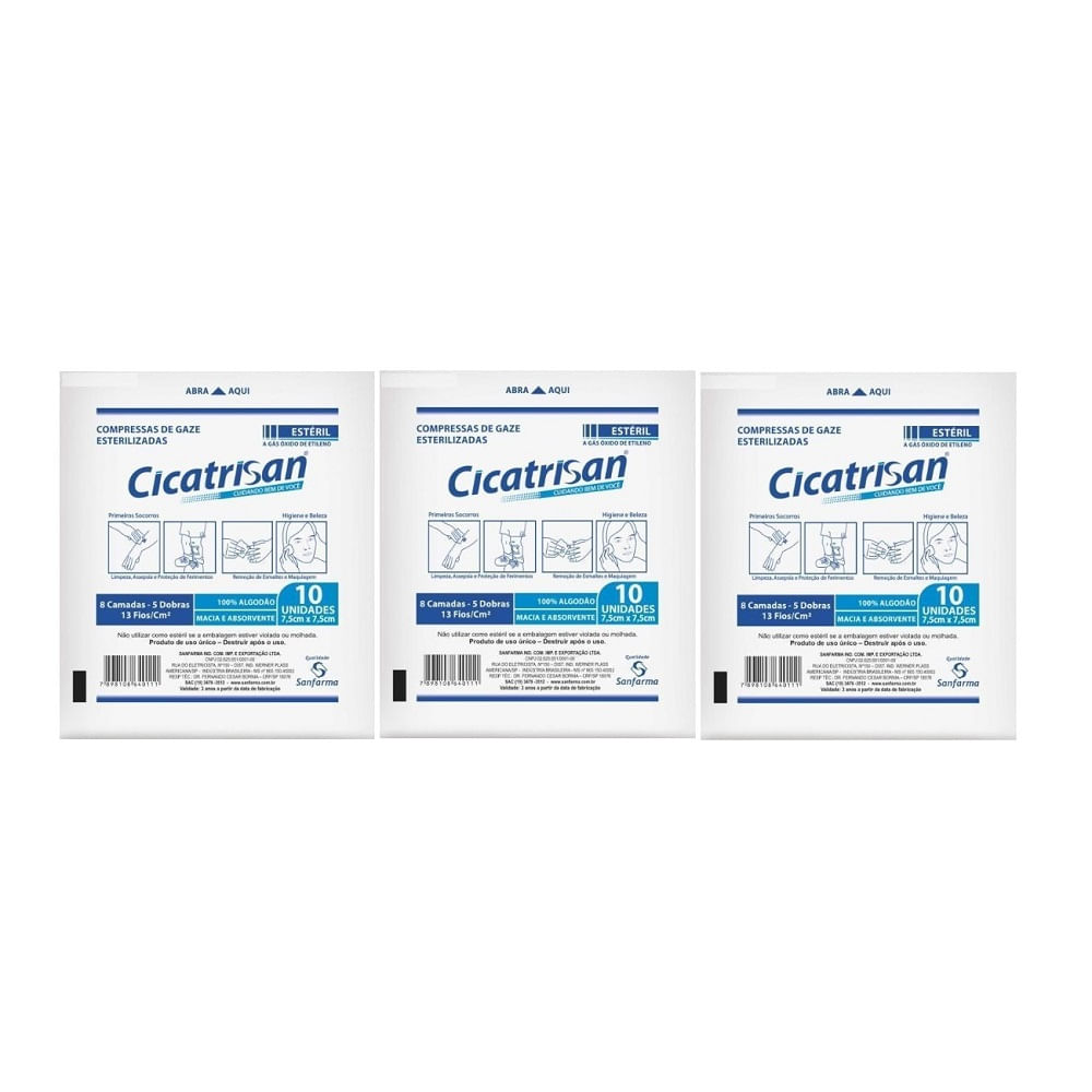 Encontraproduto.com.br - Compressas De Gaze Esterilizadas Cicatrisan 13 Fios 7,5x7,5cm 10 Unidades