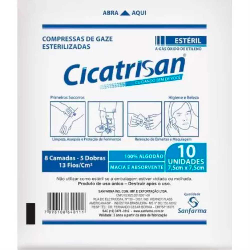 Encontraproduto.com.br - Compressas De Gaze Esterilizadas Cicatrisan 13 Fios 7,5x7,5cm 10 Unidades