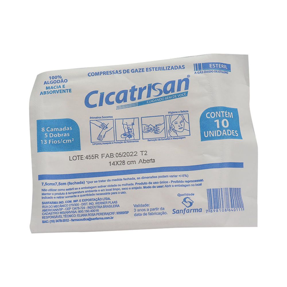 Encontraproduto.com.br - Compressas De Gaze Esterilizadas Cicatrisan 13 Fios 7,5x7,5cm 10 Unidades