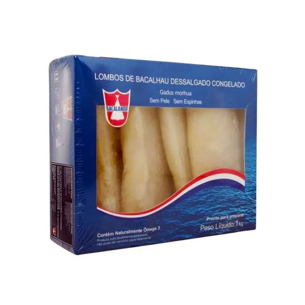 Encontraproduto.com.br - Lombo de Bacalhau Sem Pele Sem Espinha BACALANOR Dessalgado e Congelado Caixa 1kg