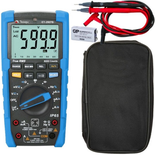 Encontraproduto.com.br - Multímetro Digital LCD 3 5/6 tensão AC/DC corrente AC/DC RMS precisão 0,5% proteção IP65 CAT IV 600V Minipa ET-2507B