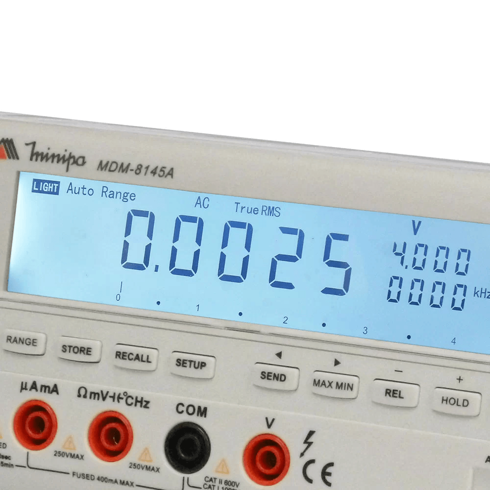 Encontraproduto.com.br - Multímetro de bancada Display 4 3/4 True RMS AC/AC+DC Precisão 0,05% Data Logger CAT II 600 V Minipa MDM-8145A