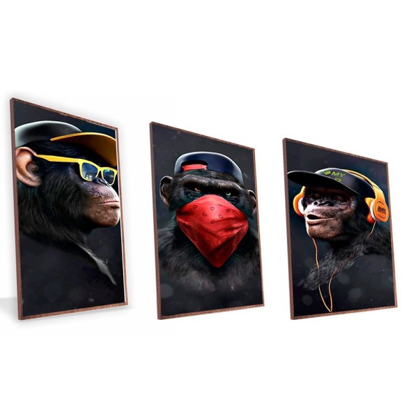 Encontraproduto.com.br - Kit Quadro Macacos Bandidos Canvas Com Vidro Tamanho-moldura 20x30 Caixa Cor Madeira