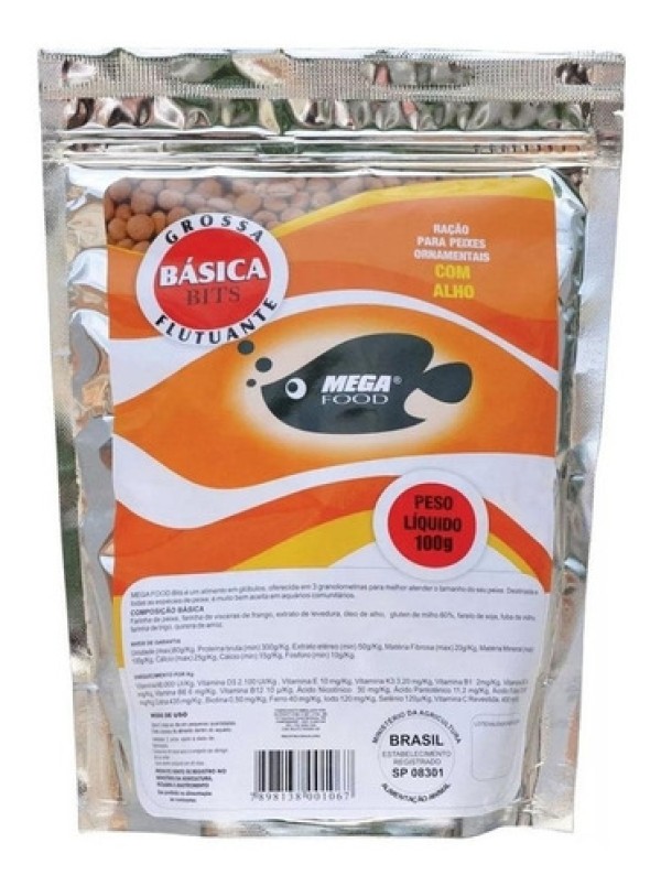 Encontraproduto.com.br - Ração Básica para Peixes Ornamentais Bits Alho Média Mega Food
