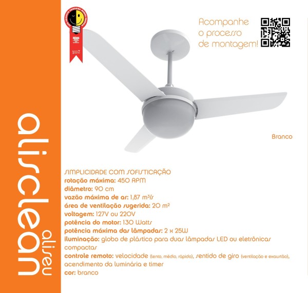 Encontraproduto.com.br - Ventilador De Teto Aliseu Alisclean Com Controle Remoto 130W Branco 110V