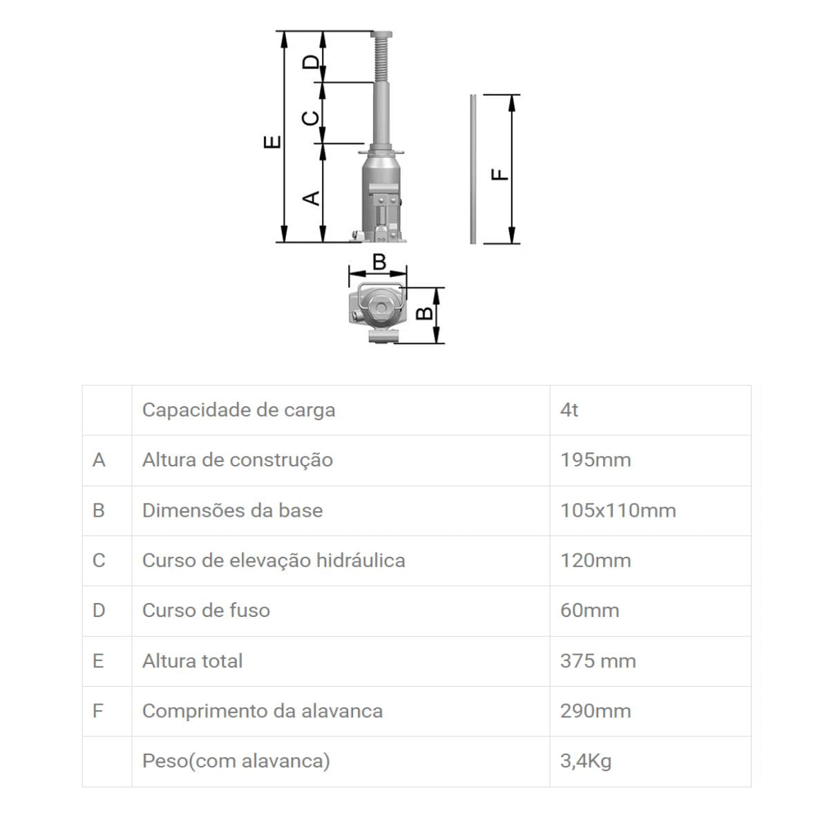 Encontraproduto.com.br - Macaco Garrafa Hidráulico 4700 CJ 4 Toneladas Bovenau
