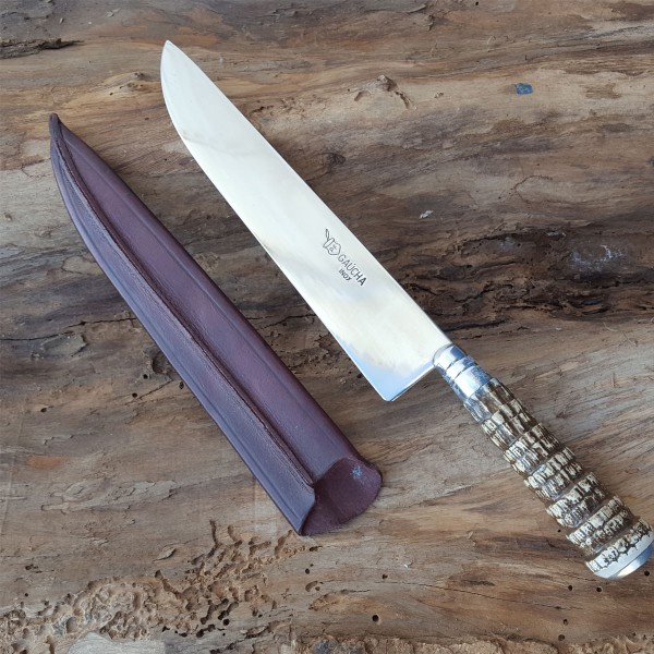 Encontraproduto.com.br - Faca Churrasco 6 Aço Inox Cabo Rabo De Tatu e Bainha Couro