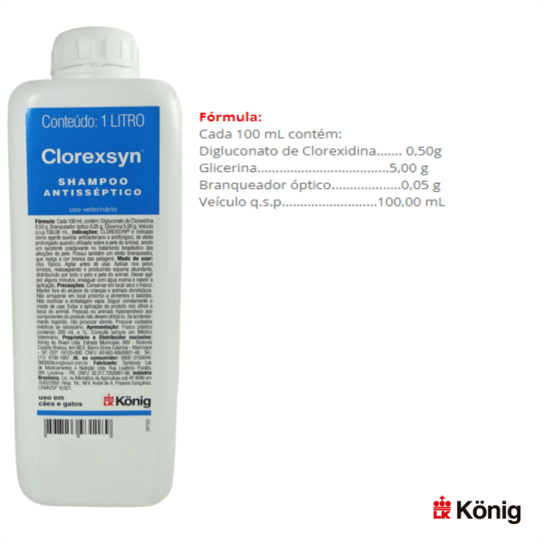 Encontraproduto.com.br - Shampoo Antisséptico Clorexsyn Konig Para Cães e Gatos 1L (MP)