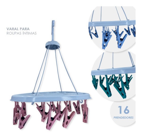 Varal Roupas Íntimas 16 Prendedores Meias Calcinhas Cor Azul