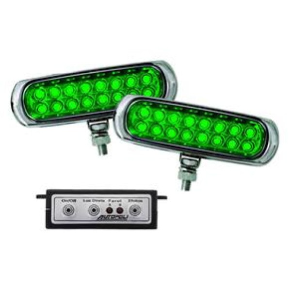 Encontraproduto.com.br - Farol Strobo Estrobo Safetycar Luz Milha Slim Led Verde Carcaça Cromada Par