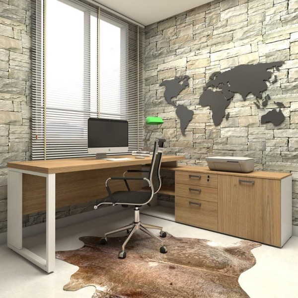 Encontraproduto.com.br - Mesa De Escritório Diretor Em L Industrial 190cm Pés Metal macadâmia Com Branco Macadâmia Com Branco