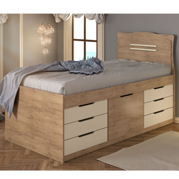 Encontraproduto.com.br - Cama Solteiro Florença com 7 Gavetas - Amêndoa/Off White