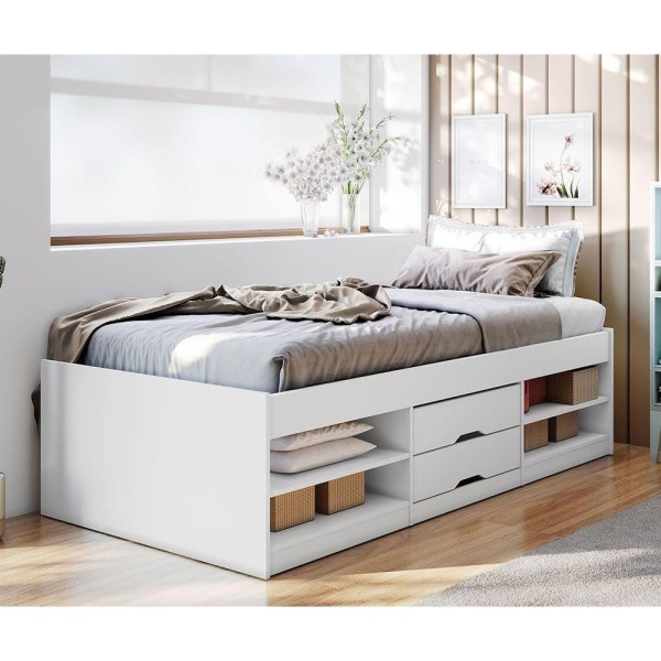 Encontraproduto.com.br - Cama Solteiro Multifuncional Kiara 2 Gavetas Branco