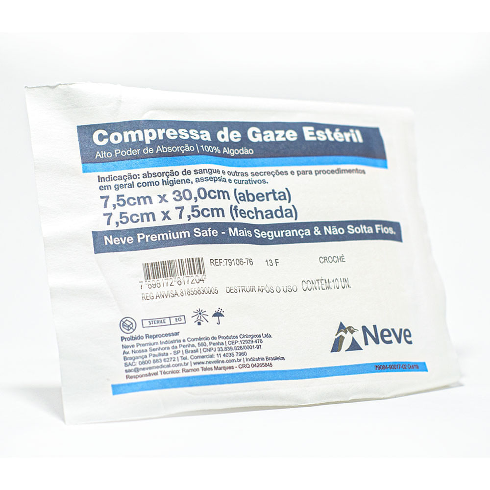 Encontraproduto.com.br - Compressa De Gaze Neve - 13 Fios - 7,5X7,5Cm - Crochê - Estéril - 10 Unidades