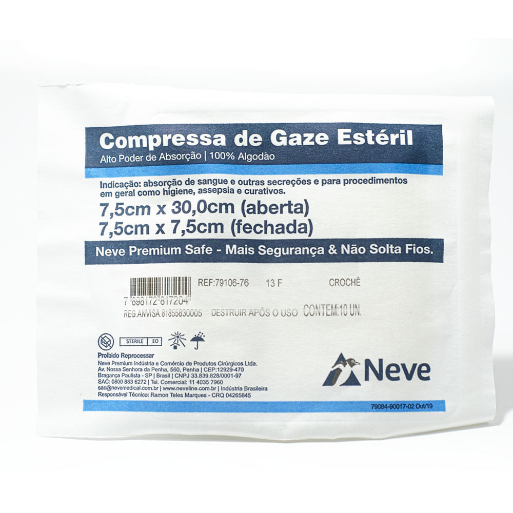 Encontraproduto.com.br - Compressa De Gaze Neve - 13 Fios - 7,5X7,5Cm - Crochê - Estéril - 10 Unidades