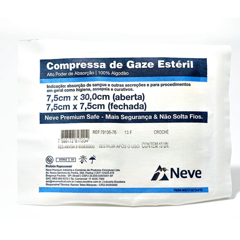 Encontraproduto.com.br - Compressa De Gaze Neve - 13 Fios - 7,5X7,5Cm - Crochê - Estéril - 10 Unidades