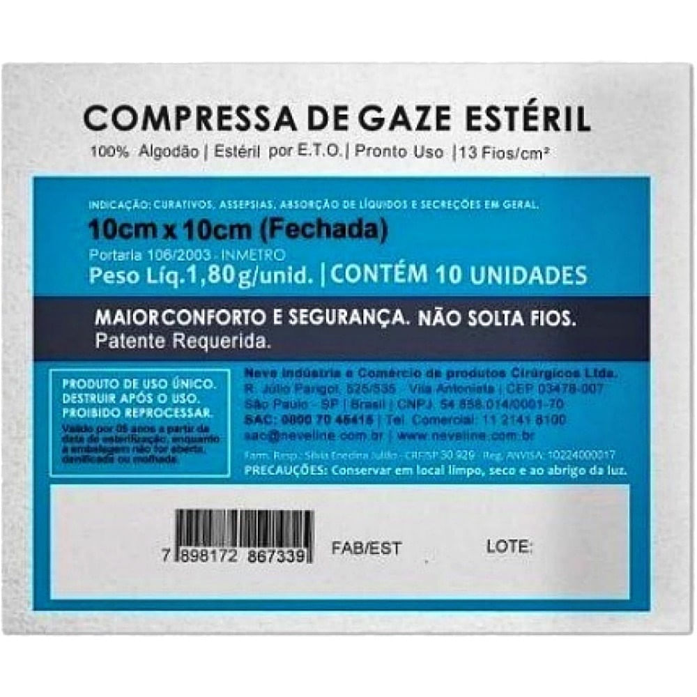 Encontraproduto.com.br - Compressa Gaze Neve Estéril 13 fios 10x10cm - 10 compressas