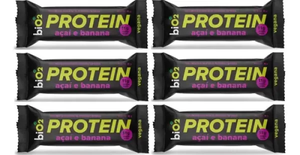 Encontraproduto.com.br - Barra de Proteína Vegana Açaí, Banana e Pasta de Amendoim Cobertura Chocolate Meio Amargo biO2 Protein Pacote 45g