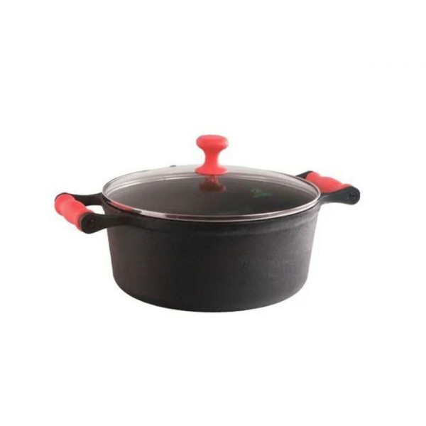 Encontraproduto.com.br - Caçarola Ferro Alça Silicone Vermelho Tampa Vidro 2,0L 20cm