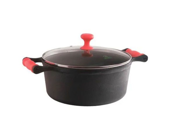 Encontraproduto.com.br - Caçarola Ferro Alça Silicone Vermelho Tampa Vidro 2,0L 20cm