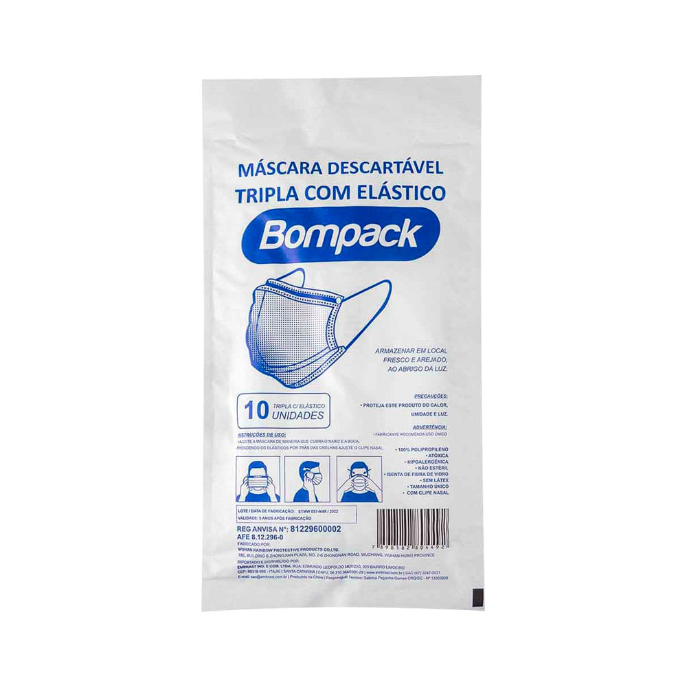 Encontraproduto.com.br - Máscara Tripla Com 10Un - BOMPACK