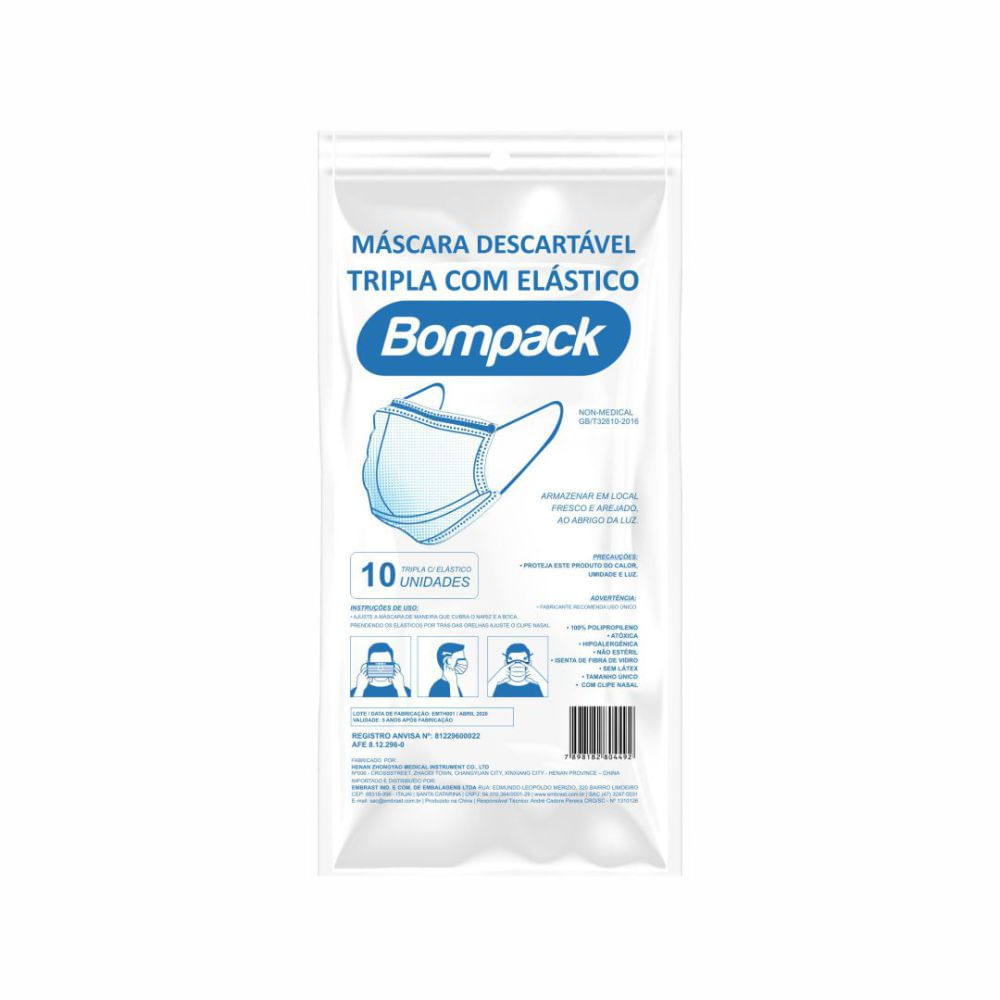 Encontraproduto.com.br - Máscara Tripla Com 10Un - BOMPACK