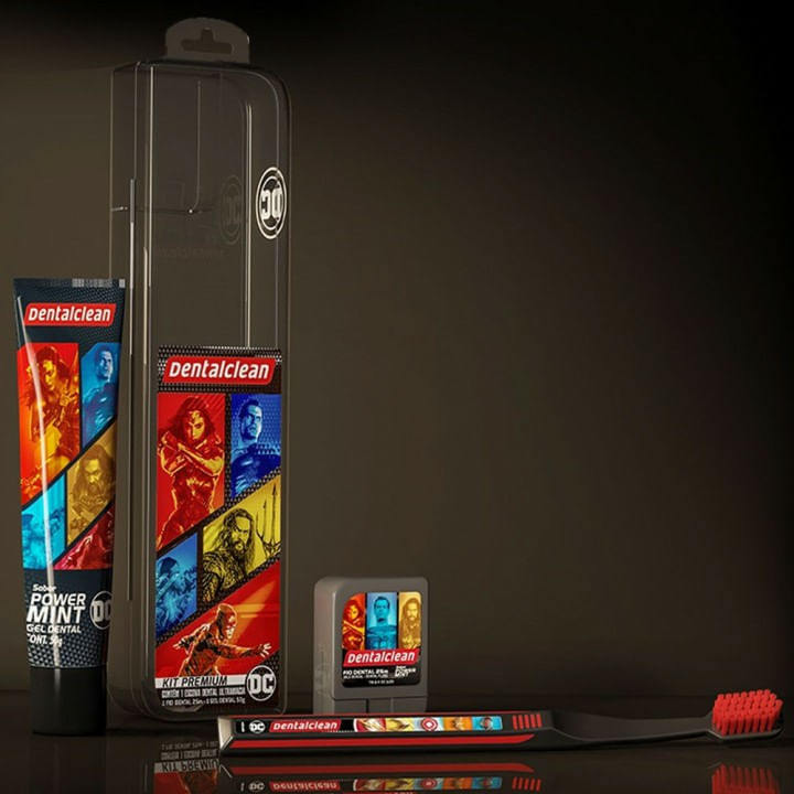 Encontraproduto.com.br - Kit Dentalclean premium Liga da Justiça ou Mulher Maravilha com 1 Escova de dente + 1 Fio dental de 25m + 1 Gel dental com 50g