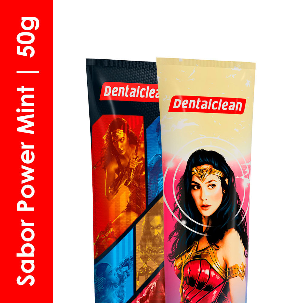 Encontraproduto.com.br - Kit Dentalclean premium Liga da Justiça ou Mulher Maravilha com 1 Escova de dente + 1 Fio dental de 25m + 1 Gel dental com 50g