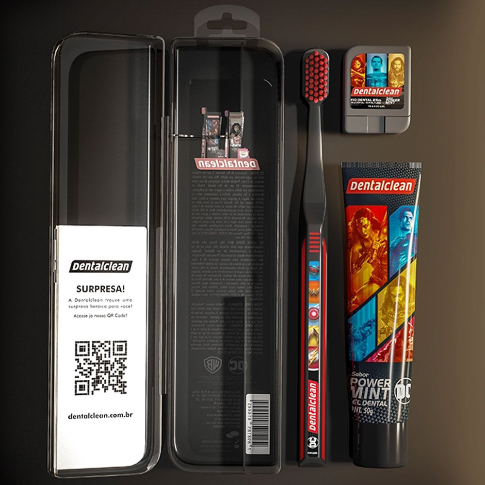 Encontraproduto.com.br - Kit Dentalclean premium Liga da Justiça ou Mulher Maravilha com 1 Escova de dente + 1 Fio dental de 25m + 1 Gel dental com 50g