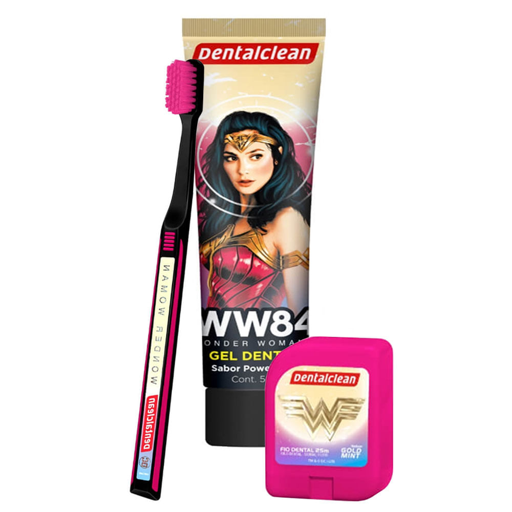 Encontraproduto.com.br - Kit Dentalclean premium Liga da Justiça ou Mulher Maravilha com 1 Escova de dente + 1 Fio dental de 25m + 1 Gel dental com 50g