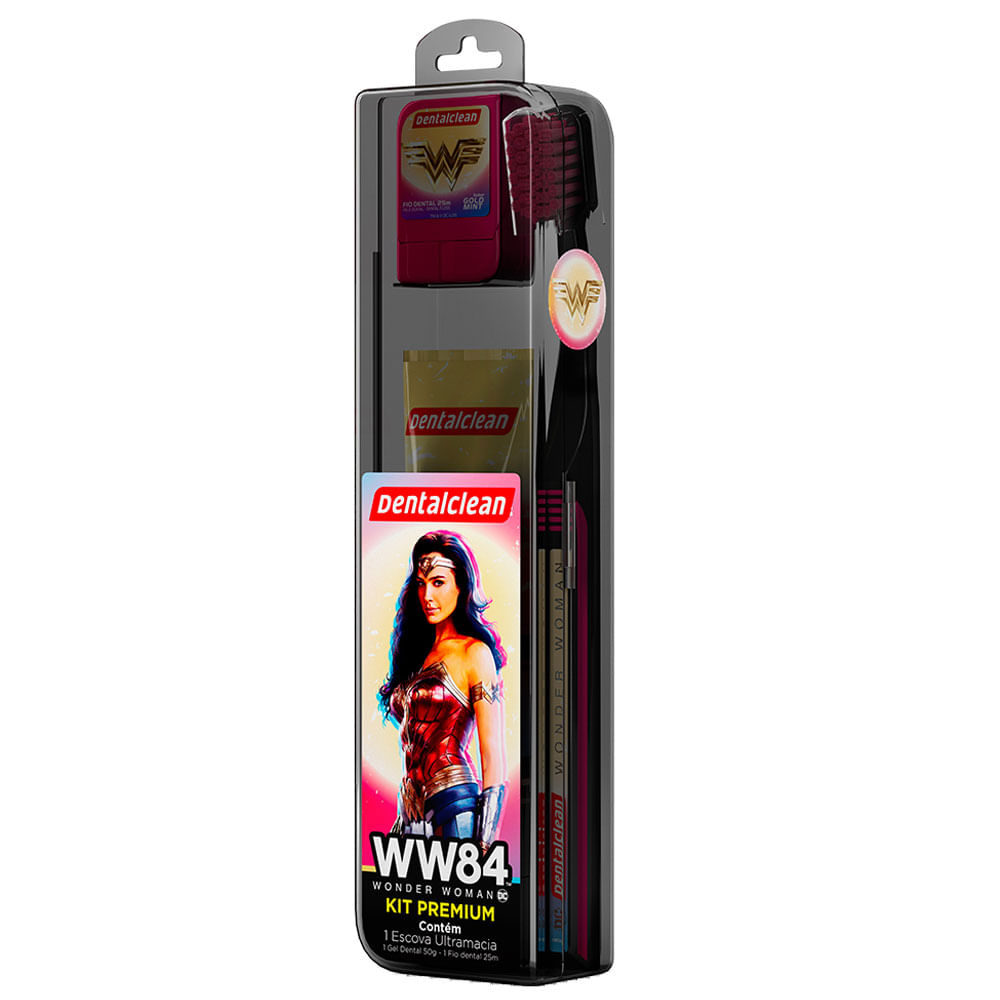 Encontraproduto.com.br - Kit Dentalclean premium Liga da Justiça ou Mulher Maravilha com 1 Escova de dente + 1 Fio dental de 25m + 1 Gel dental com 50g