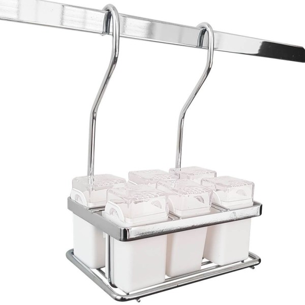 Encontraproduto.com.br - Suporte Porta Temperos E Condimentos Aéreo Aço Inox Com 6 Frascos Brancos