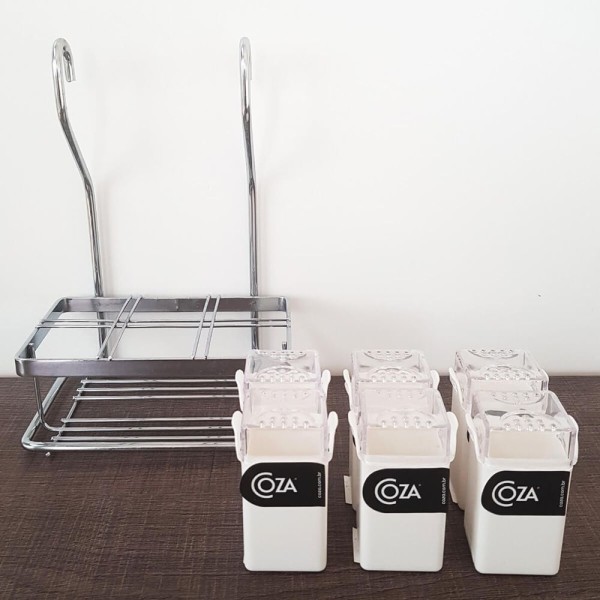 Encontraproduto.com.br - Suporte Porta Temperos E Condimentos Aéreo Aço Inox Com 6 Frascos Brancos