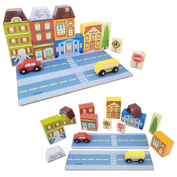 Blocos De Montar Madeira Infantil Com Carrinho Cidade Newart