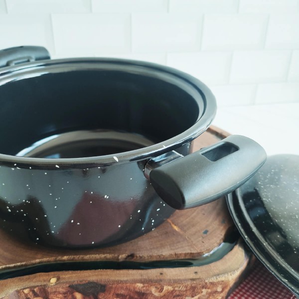 Encontraproduto.com.br - Panela Esmaltada Preta com Tampa  Bojuda Caçarola 3,2L  Com Alças  Esmaltados Silva