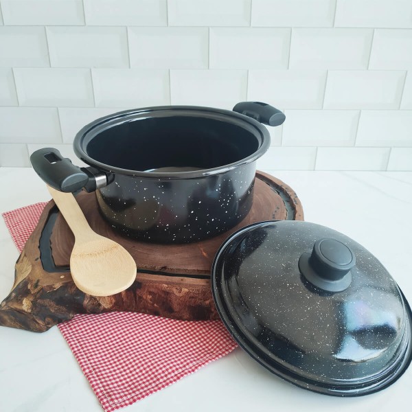 Encontraproduto.com.br - Panela Esmaltada Preta com Tampa  Bojuda Caçarola 3,2L  Com Alças  Esmaltados Silva